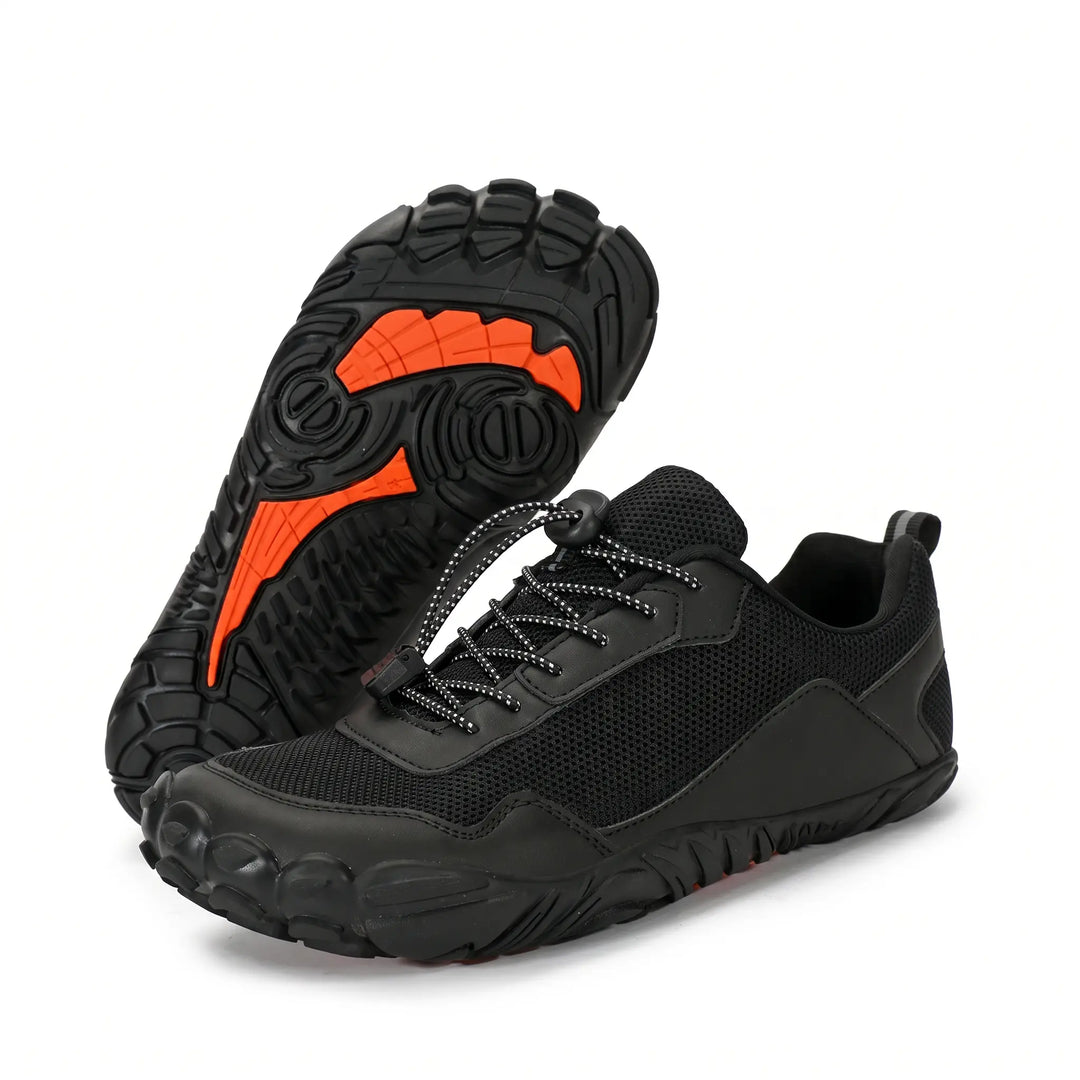 Flexible sole barefoot hiking trainers, wide toe box, non-slip grip, unisex outdoor shoes.