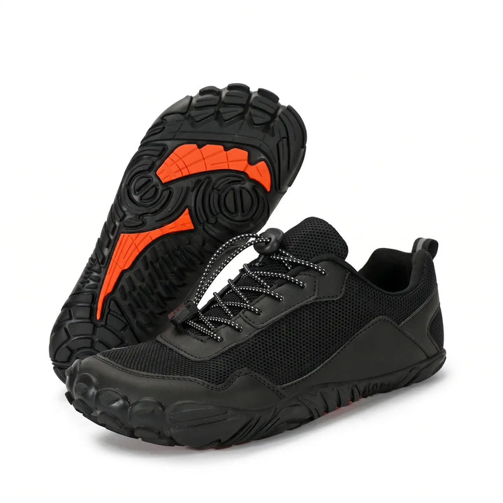 Flexible sole barefoot hiking trainers, wide toe box, non-slip grip, unisex outdoor shoes.