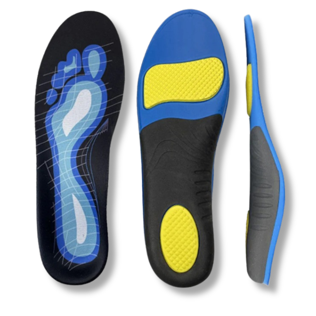Close-up of cushioned unisex shoe inserts, designed to offer superior arch support