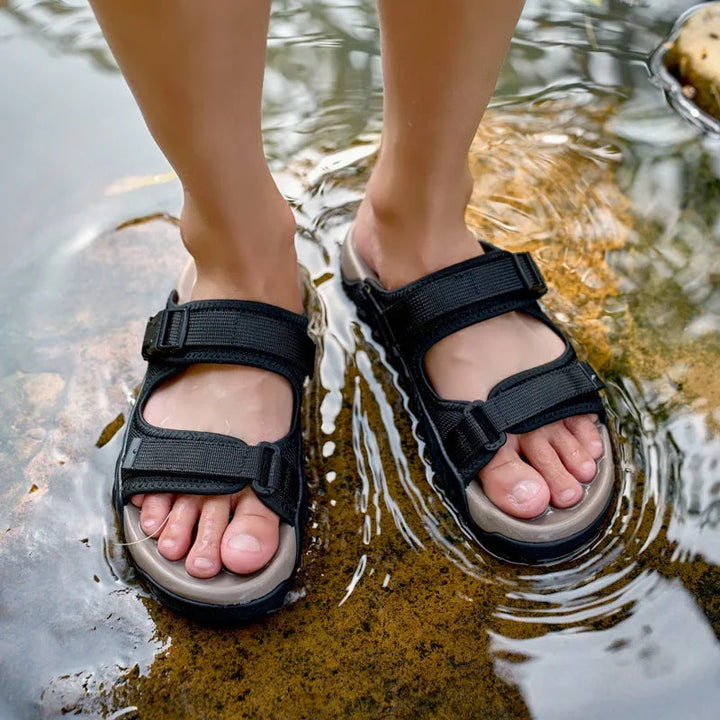 Unisex Outdoor Adventure Sandals, front view, wide straps provide stability for hiking