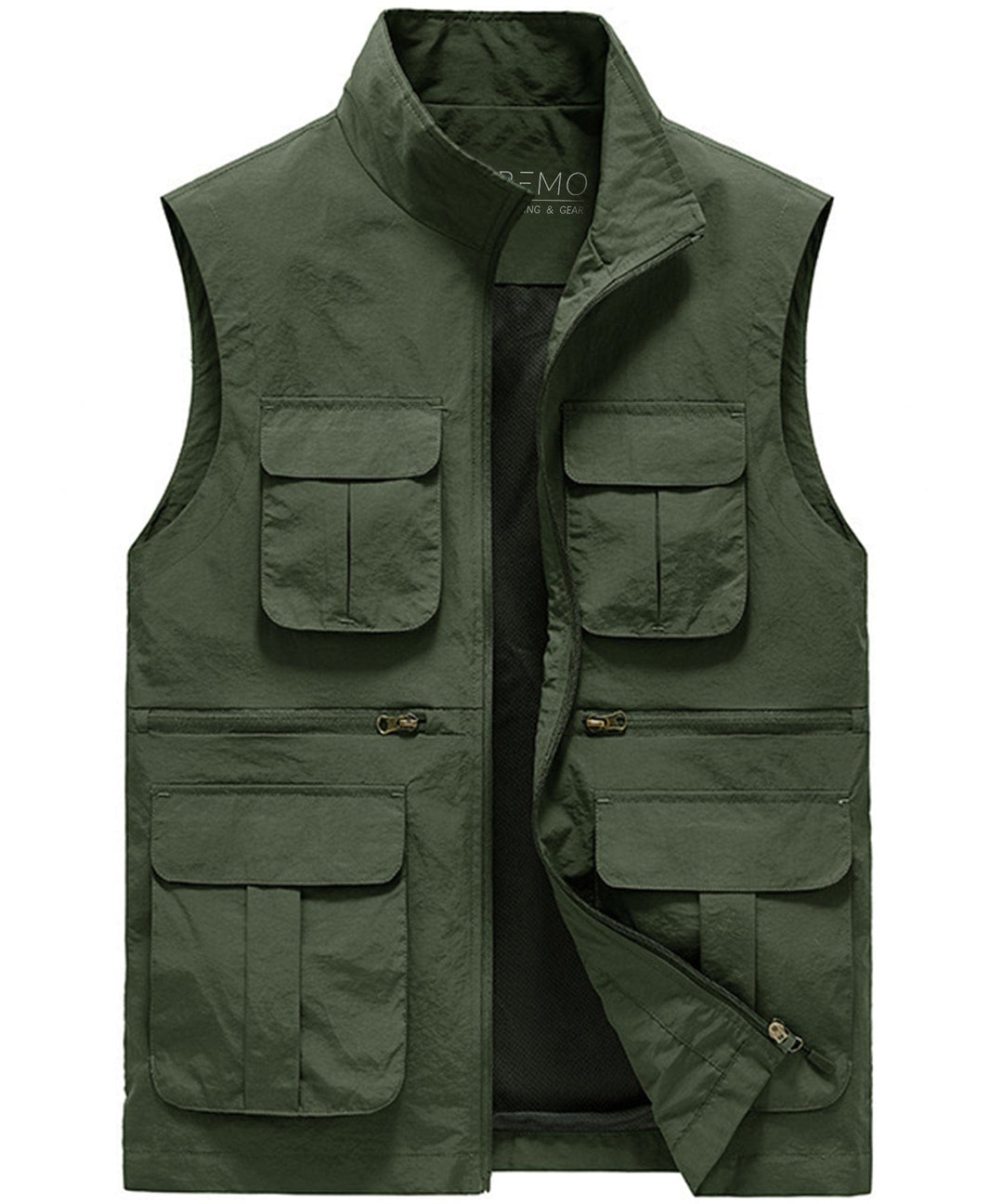 Outdoor photography vest, dark green, with numerous compartments for lenses & accessories.