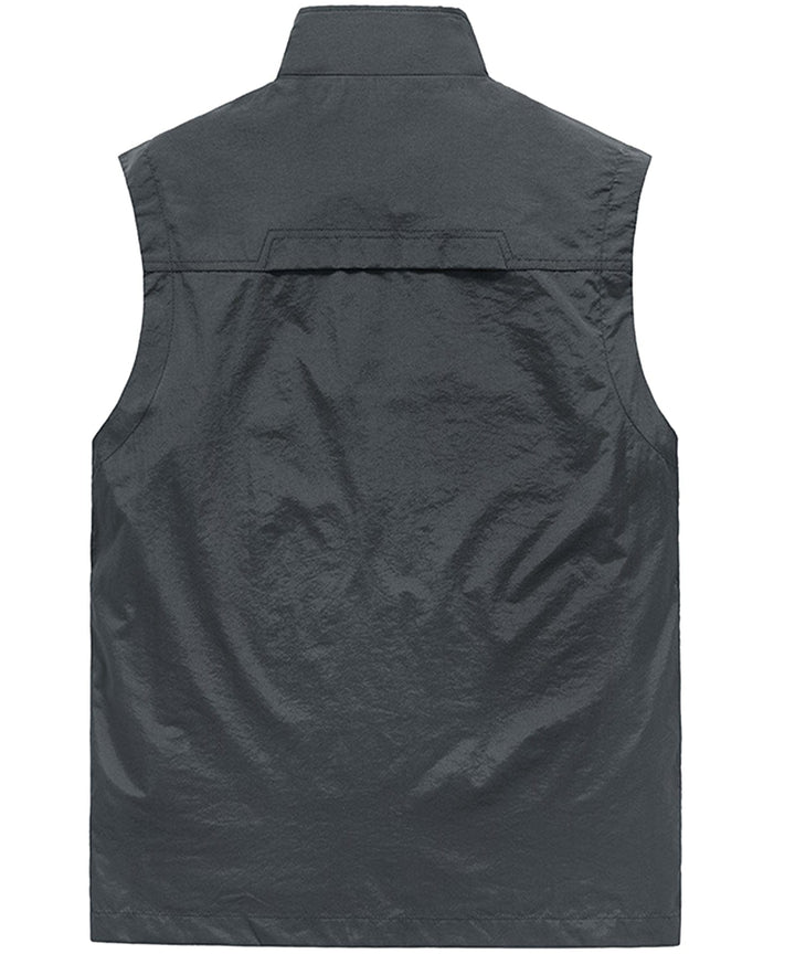 Grey multi-pocket travel vest, unisex design, excellent for safari, hiking and adventure.