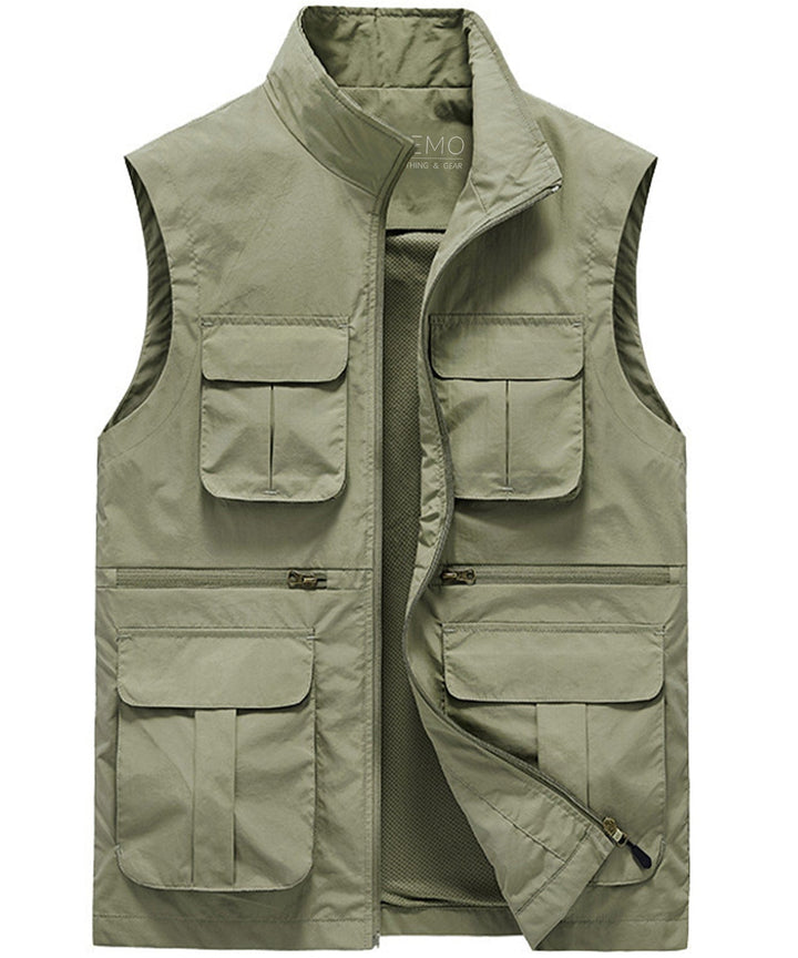 Close-up of a black multi-pocket vest, showcasing durable fabric and spacious storage options.