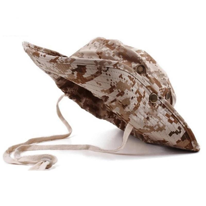 Unisex outdoor wide brim sniper hat with adjustable neck strap, perfect for hiking and fishing.