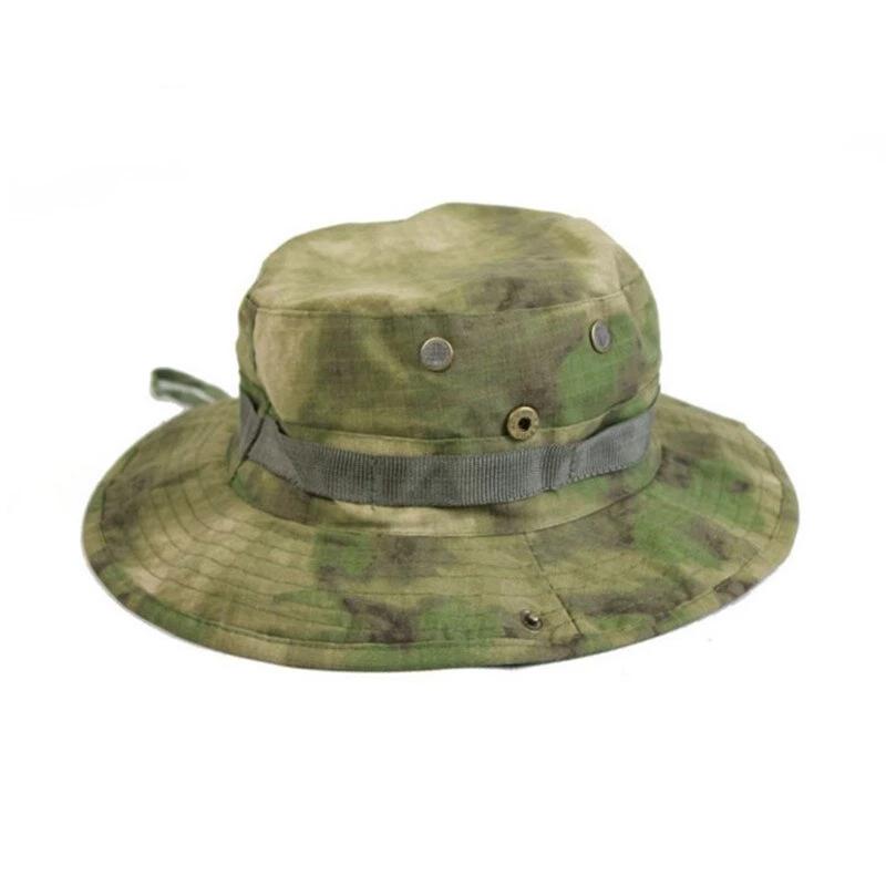 Model wearing a unisex wide brim sniper hat, demonstrating its sun protection and outdoor style.