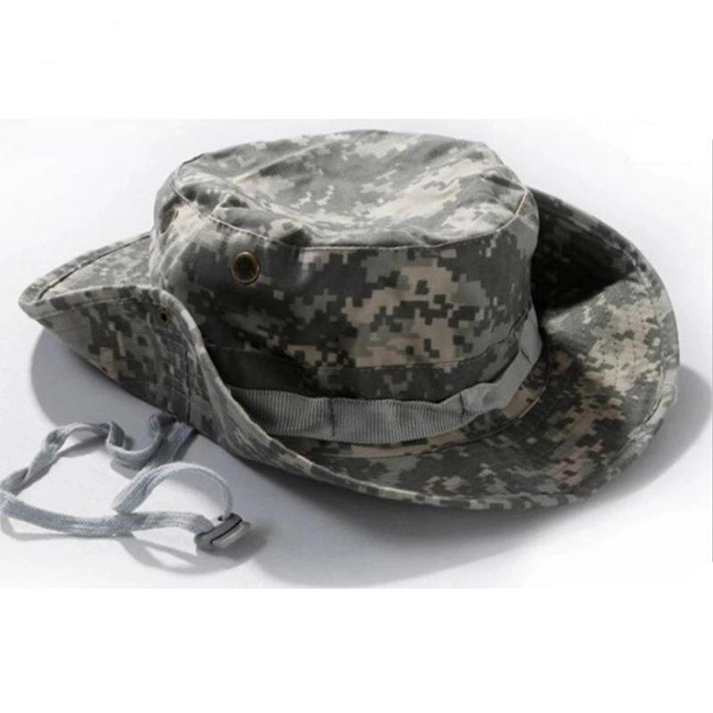 Outdoor wide brim hat with adjustable chin strap, essential gear for camping and wilderness exploration.