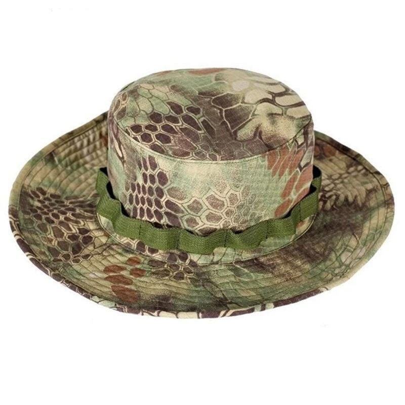 Front angle of an adjustable wide brim outdoor hat, showing its utility as a sniper-style bucket hat.
