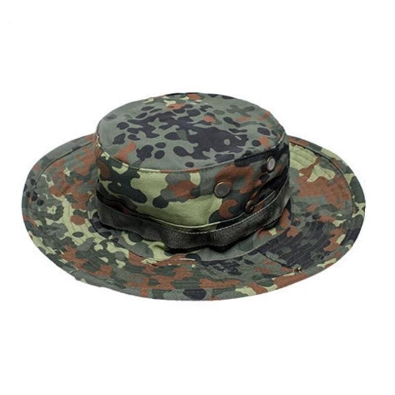 Camo outdoor hat for sun protection, with a wide brim and adjustable strap, great for any adventure.