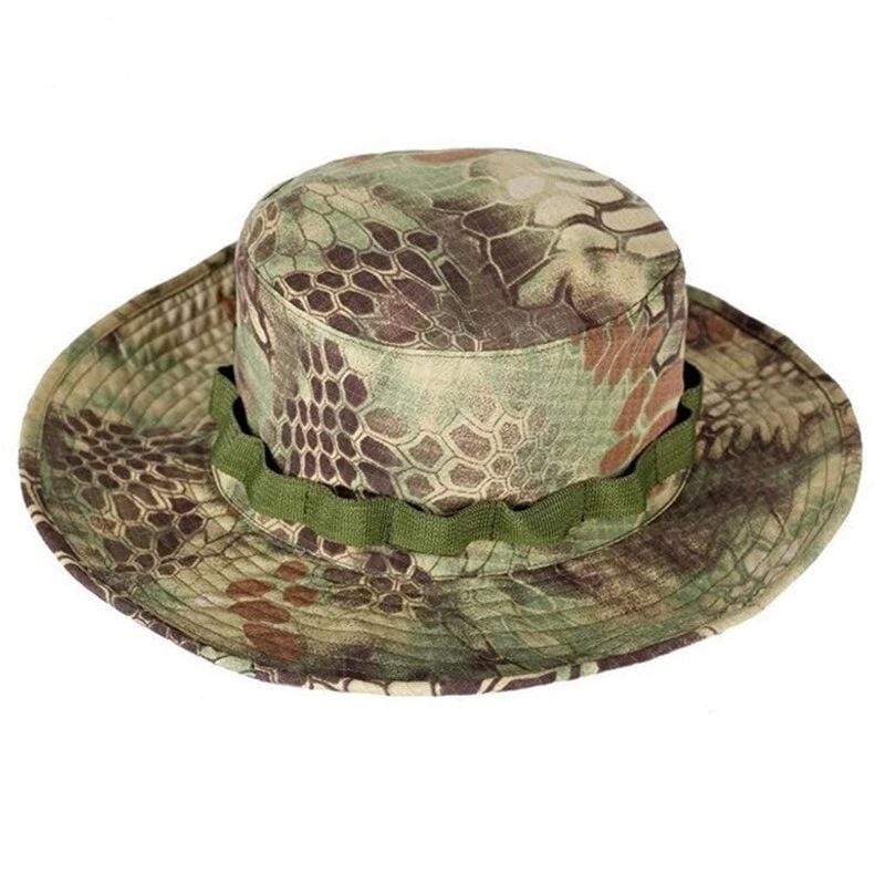 Side profile of a camo outdoor hat, showcasing the wide brim and military-inspired sniper design.