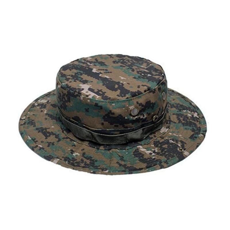 Rear view of an adjustable outdoor sniper hat, highlighting the neck strap for wind resistance.