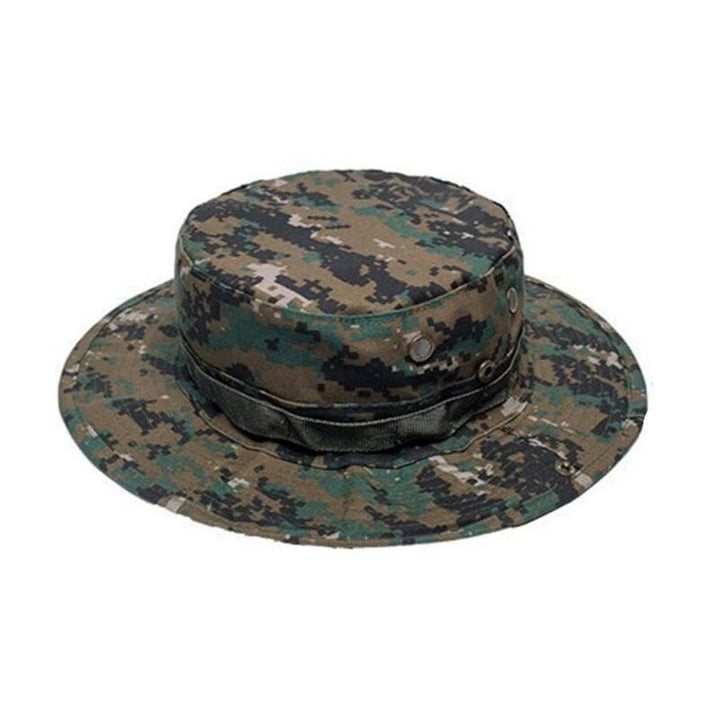 Rear view of an adjustable outdoor sniper hat, highlighting the neck strap for wind resistance.