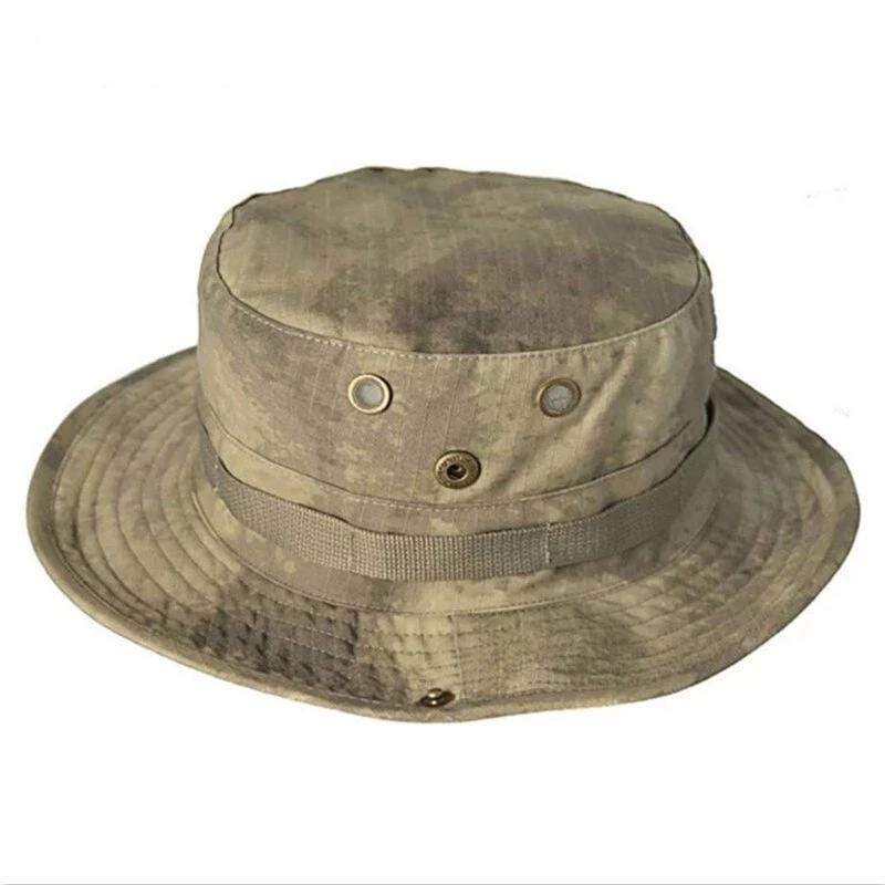 Detailed shot of the stitching on a durable outdoor sniper hat with a comfortable adjustable strap.