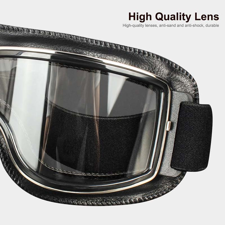 Black frame riding goggles with anti-fog & UV protection, fits comfortably over glasses.