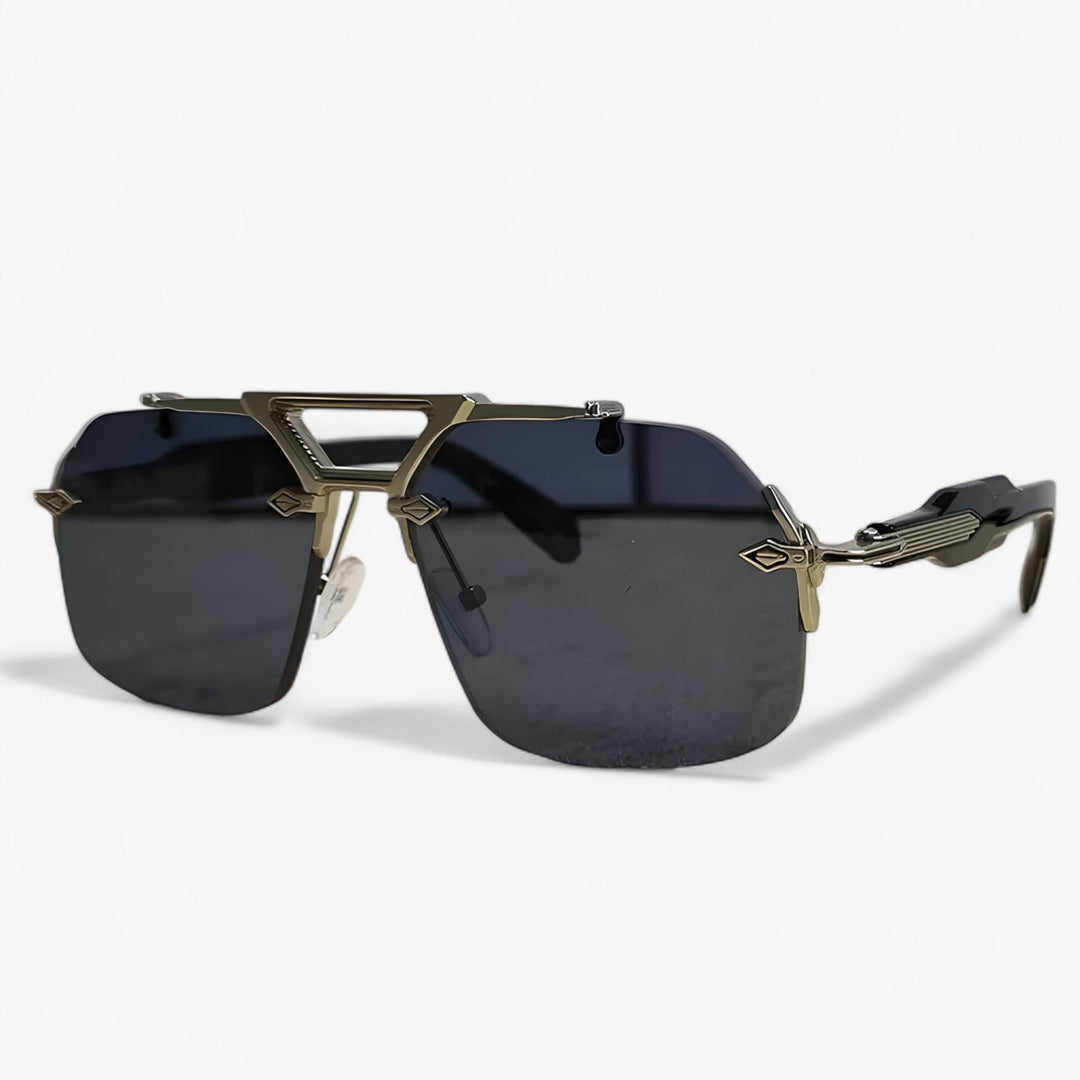 Unisex oversized rimless sunglasses with vibrant mirrored lenses, offering modern style & UV protection.