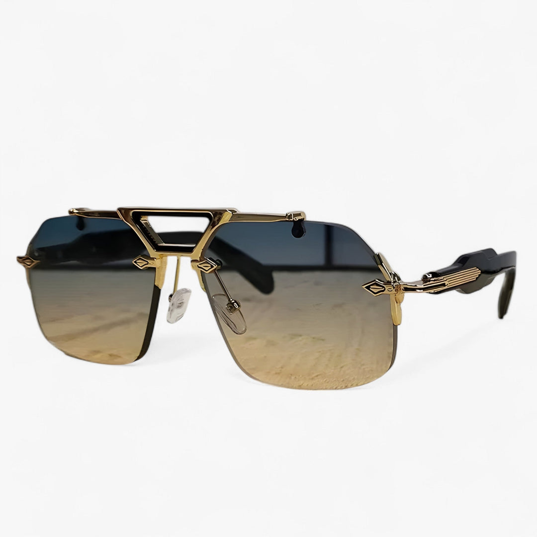 Stylish rimless oversized sunglasses with reflective mirrored lenses, ideal for streetwear & UV400 protection.