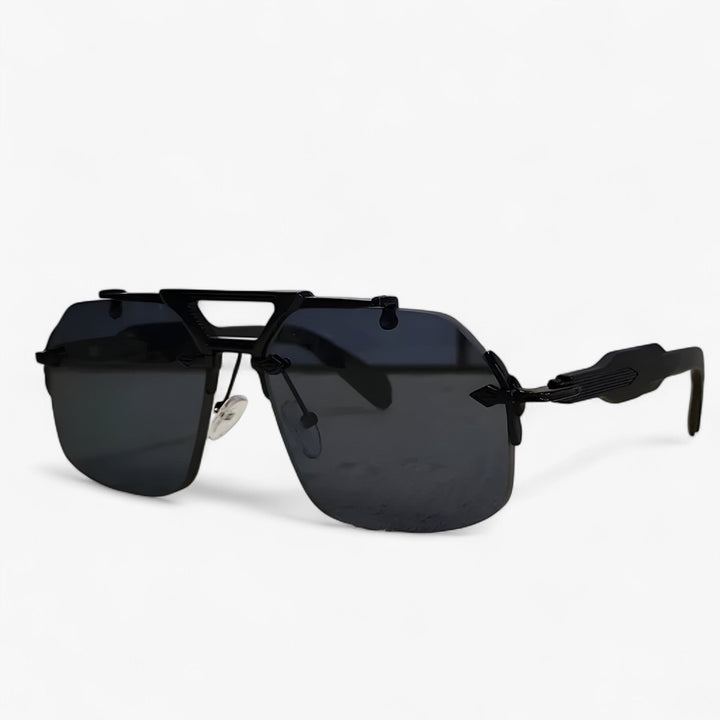 Oversized rimless sunglasses with a contemporary design, mirrored lenses for sun protection & high fashion.