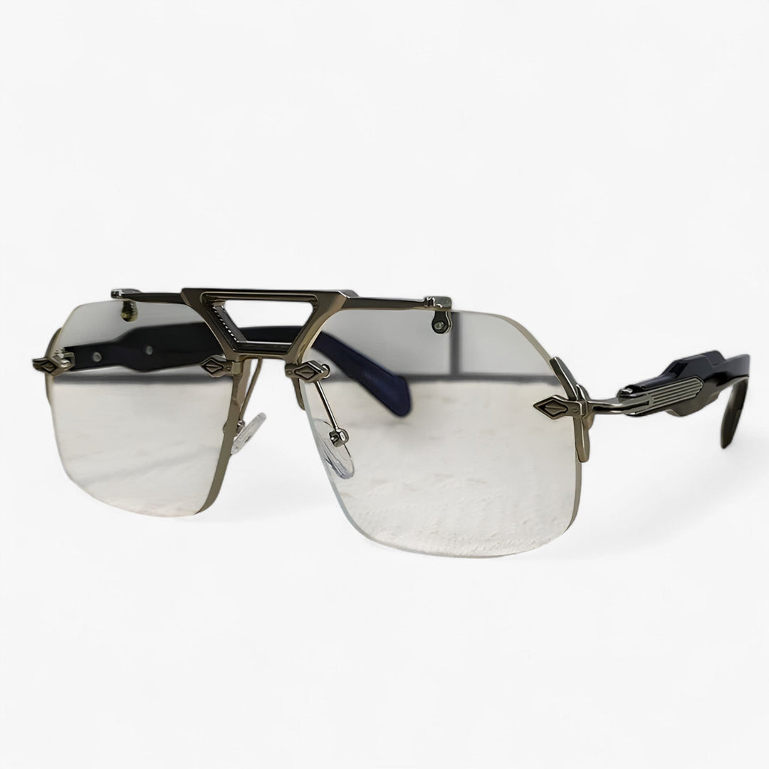 Chic oversized rimless sunglasses for men & women, featuring reflective mirrored lenses & trendy style.