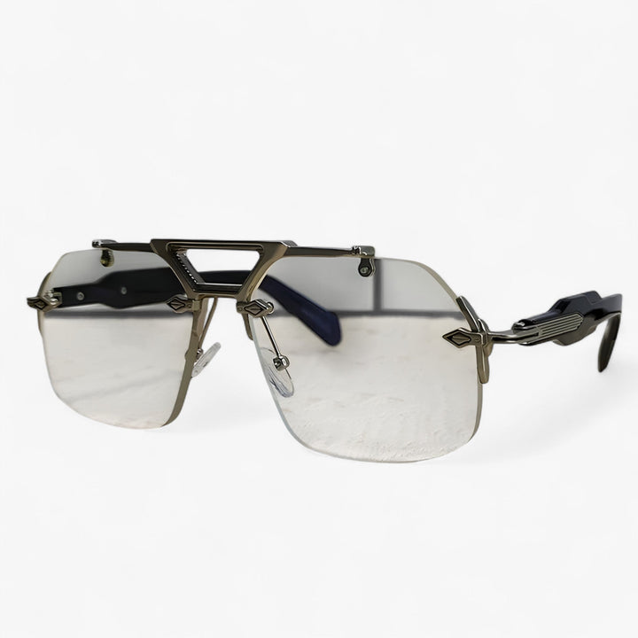 Chic oversized rimless sunglasses for men & women, featuring reflective mirrored lenses & trendy style.