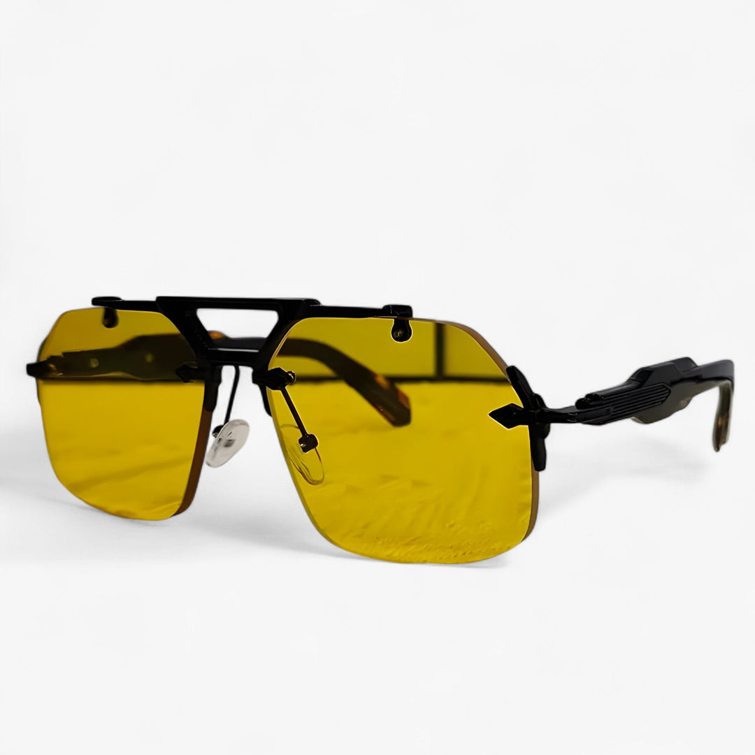 Streetwear-ready oversized rimless sunglasses, boasting reflective mirrored lenses & minimalist metal frame.