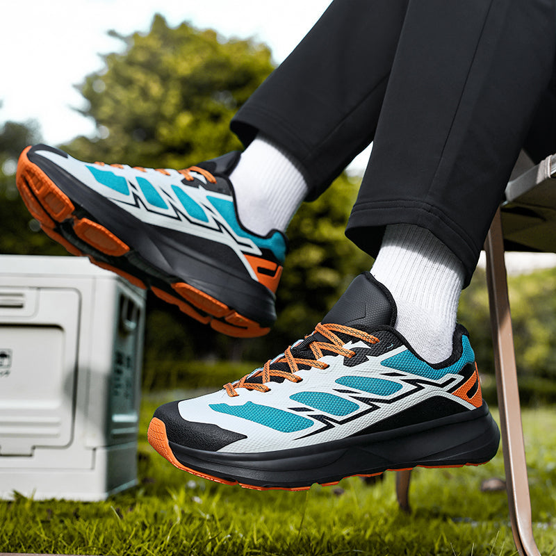 Collection of Unisex Performance Trail Running Sneakers in various colors, athletic footwear display