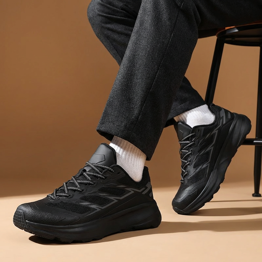 Close-up of Unisex Performance Trail Running Sneakers, side view, showing breathable upper material