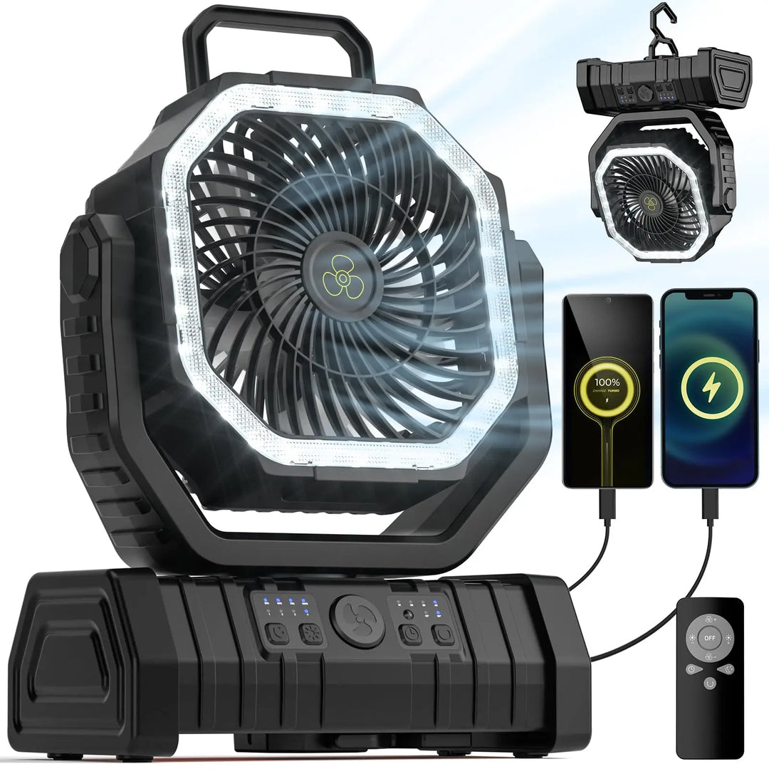 Unisex rechargeable portable fan with bright LED light and power bank, ideal for camping and travel.