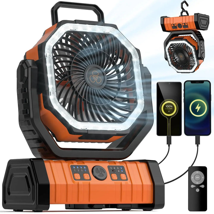 Camping fan with LED light, power bank. Portable, rechargeable outdoor gear for tents & emergencies.