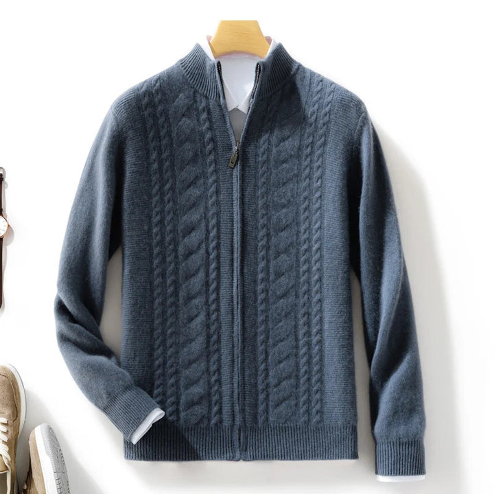 Unisex premium dark grey cashmere cable knit zip cardigan, styled open, for warm layering.