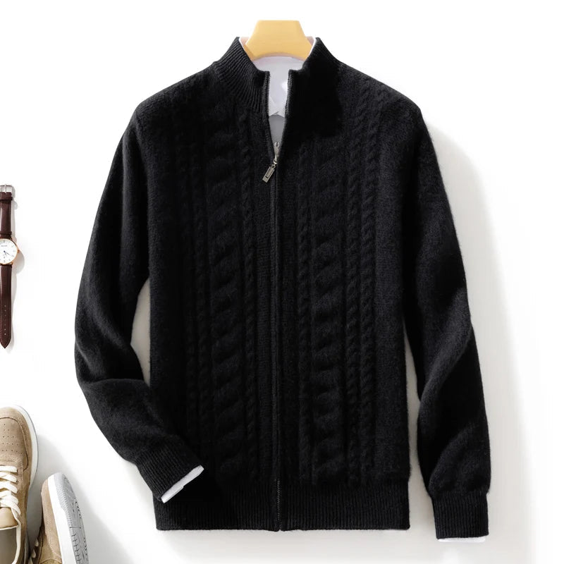 Unisex premium navy blue cashmere cable knit zip cardigan, folded neatly, showcasing knitwear.
