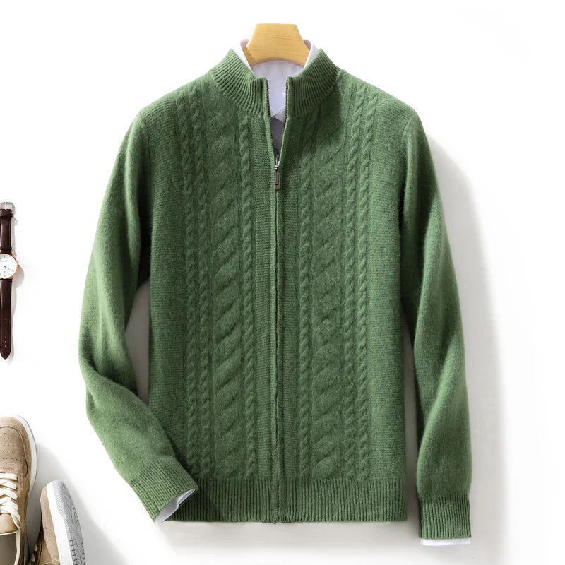 Texture shot of the soft, luxurious cashmere material of a unisex cable knit zip-up cardigan.