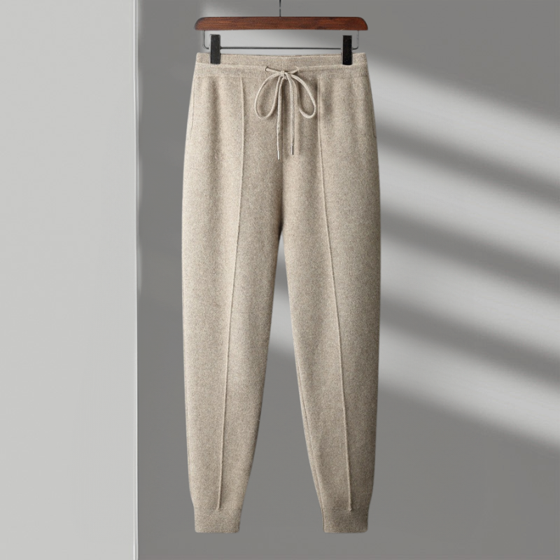 Folded premium merino wool joggers, emphasizing the soft texture and quality material