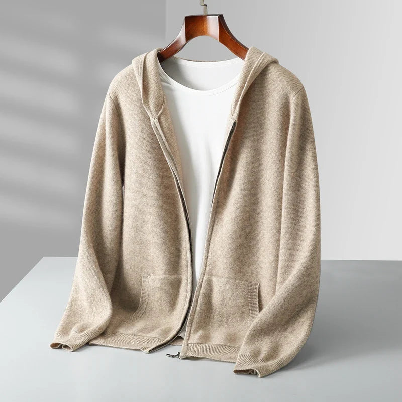 Unisex premium cashmere full-zip hoodie in a neutral color, perfect for luxury loungewear