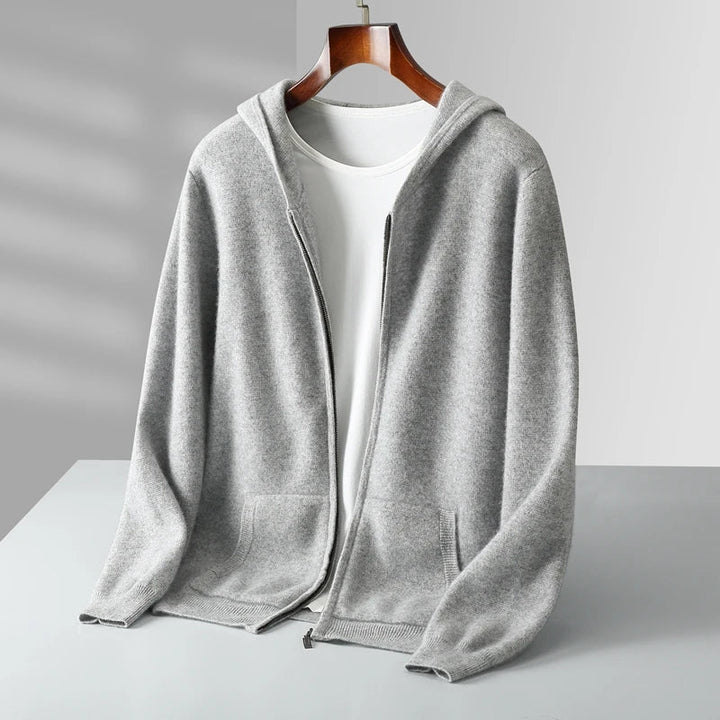 Model enjoying comfort in the premium cashmere full-zip hoodie, ideal for casual wear