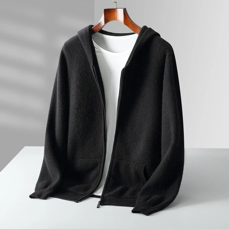 Close-up of the hood and drawstring on the unisex cashmere hoodie, featuring winter fashion