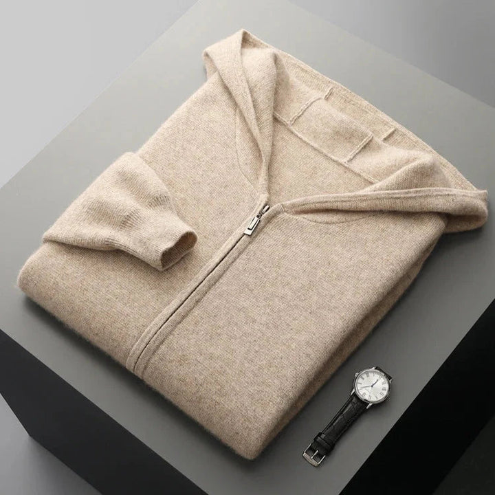 Model wearing a unisex cashmere full-zip hoodie, demonstrating its casual wear versatility