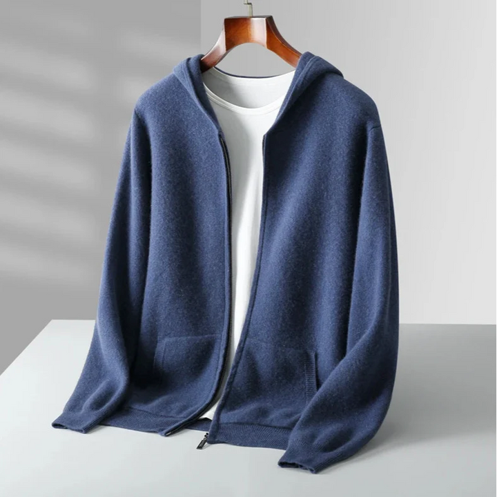 Full-length view of a zip up cashmere hoodie, highlighting its comfortable fit for winter fashion