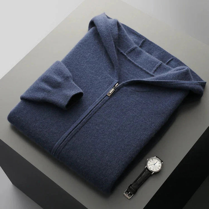 Detail of the zipper and ribbed cuffs on a premium cashmere hoodie, breathable jacket