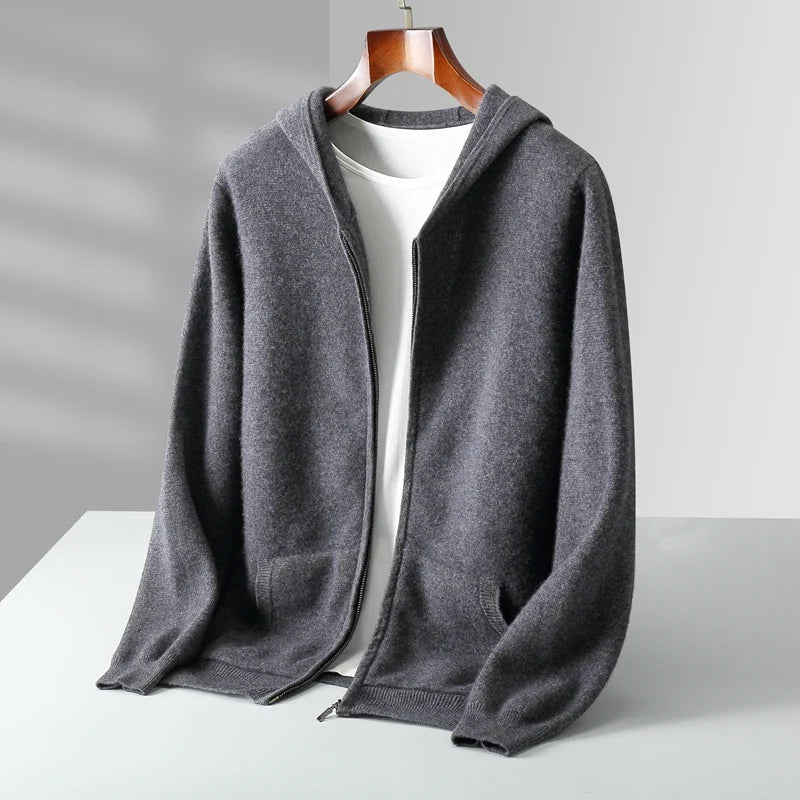 Unisex model from the back, showcasing the comfortable top and drape of the cashmere zip hoodie