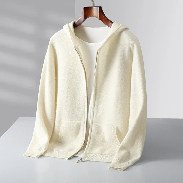 Front view of the unisex cashmere hoodie, emphasizing its soft sweater feel and classic design