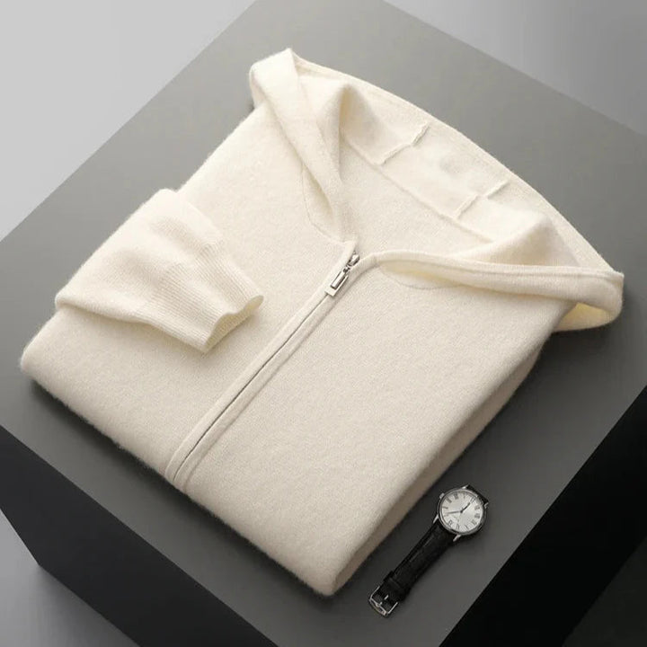 Cashmere zip up hoodie laid flat, displaying the breathable jacket material and construction