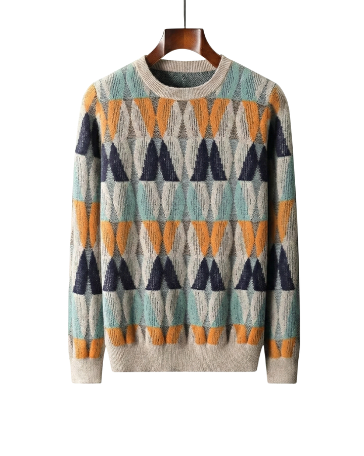 Unisex premium cashmere sweater with black & grey geometric pattern, ideal for winter fashion