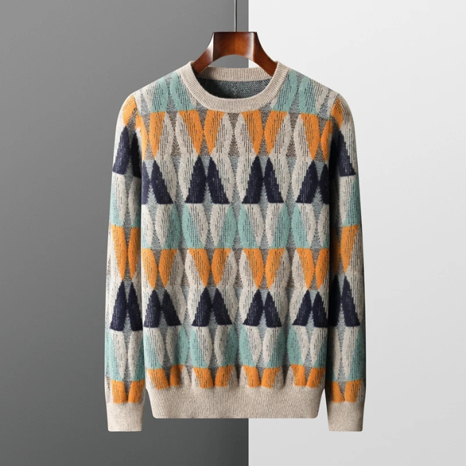Close-up of soft cashmere knitwear, showing the intricate geometric design on a premium sweater