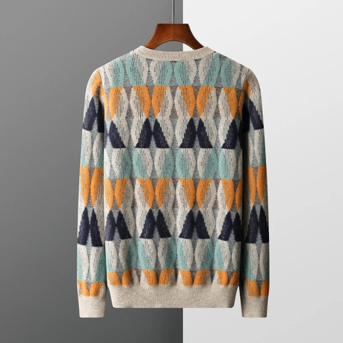 Stylish unisex geometric cashmere sweater, perfect for cold weather, showcasing the soft texture