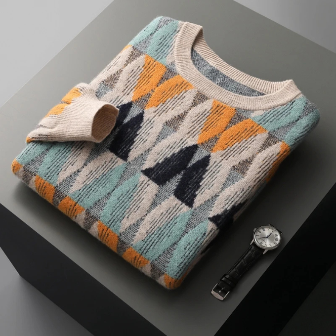 Model wearing a warm, premium cashmere sweater with a modern geometric pattern, ideal for winter