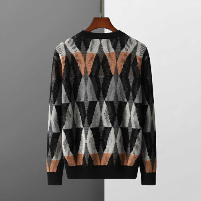 Back view of a premium geometric cashmere sweater, highlighting the soft knitwear and unisex style
