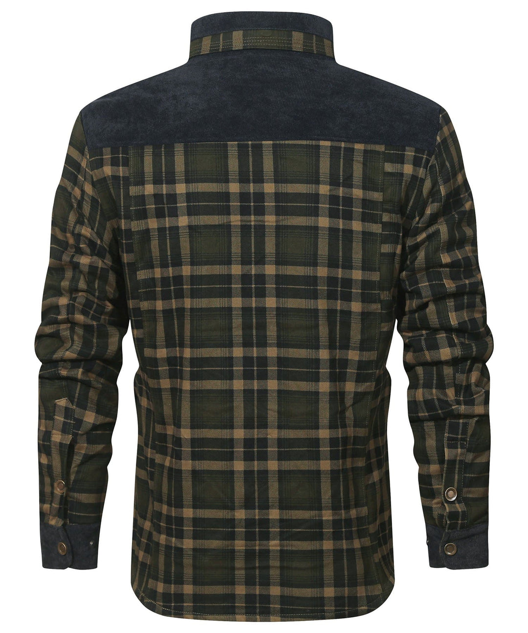 Sleeve and cuff detail of a unisex insulated plaid flannel jacket, practical winter wear