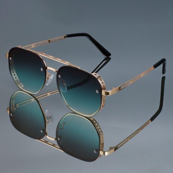Pair of unisex retro oval sunglasses, UV400, on a white background, highlighting the sleek design.