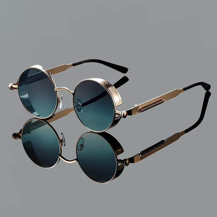 Unisex retro round sunglasses with gold frames, offering UV400 protection, perfect for vintage fashion.
