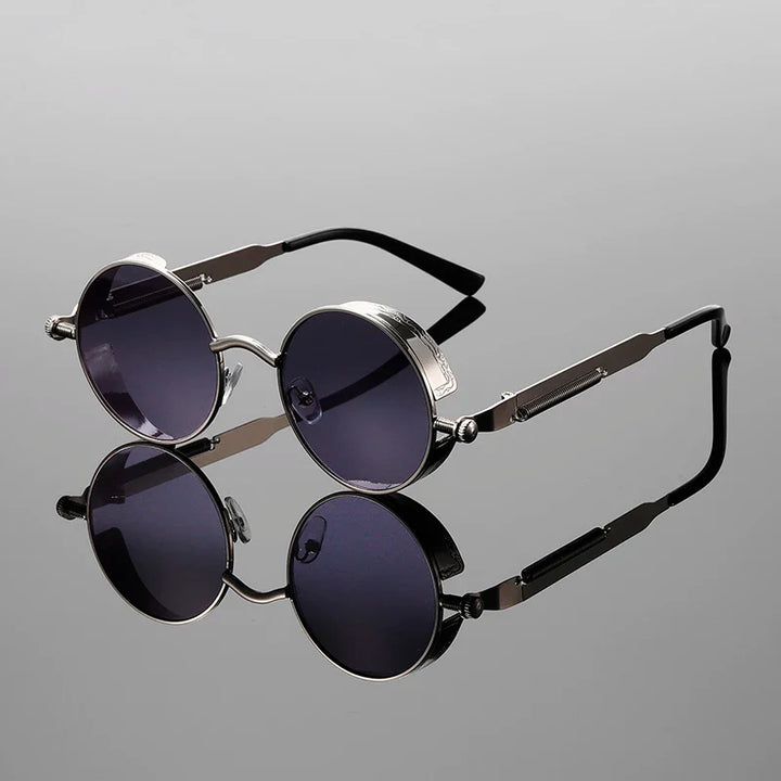 Retro round UV400 sunglasses, gold frames, ideal for unisex fashion and an essential festival eyewear piece.
