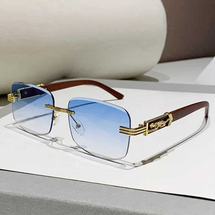Unisex rimless gradient sunglasses with UV400 protection and stylish wood arms, perfect fashion eyewear accessory.